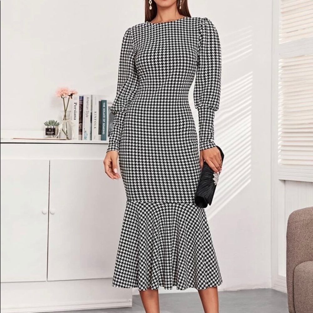 Lantern Sleeve Houndstooth Mermaid Dress